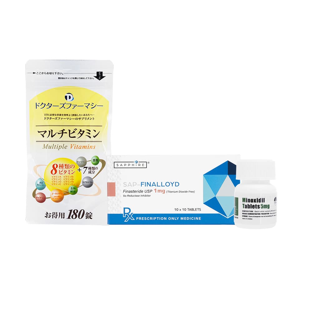 SAP-フィナロイド1mg100錠1箱+ミノキシジル5mg100錠1本+ドクターズファーマシーマルチビタミン180粒1袋(お試し) 【1セット】